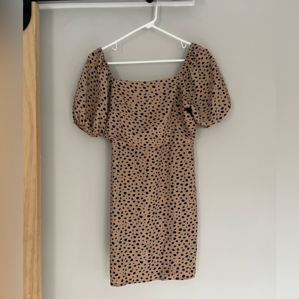 Brown Polka Dot Puff Sleeve Mini Dress